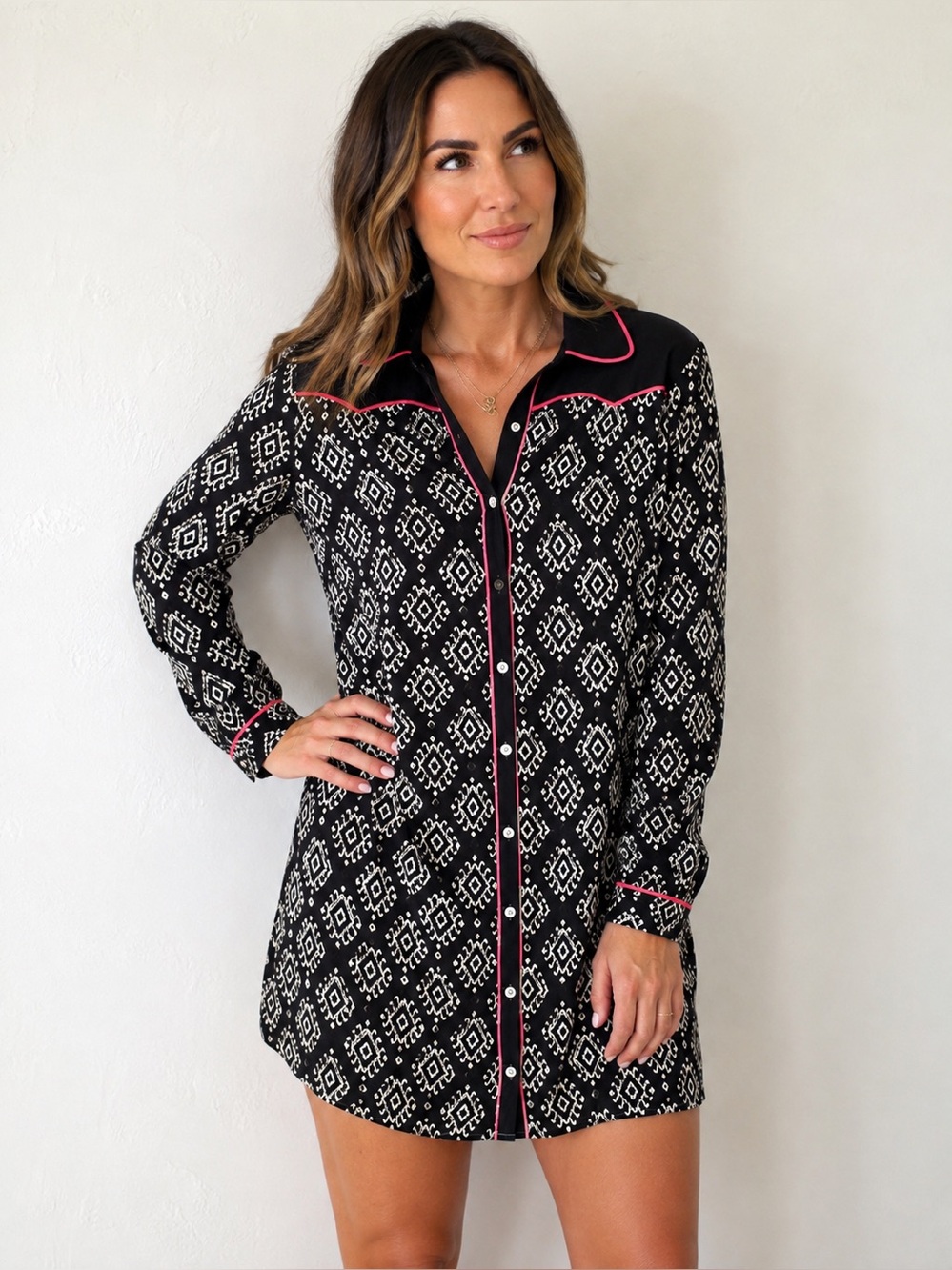 Roper Black Western Dress Coral Trim Geometric Print NWT Small